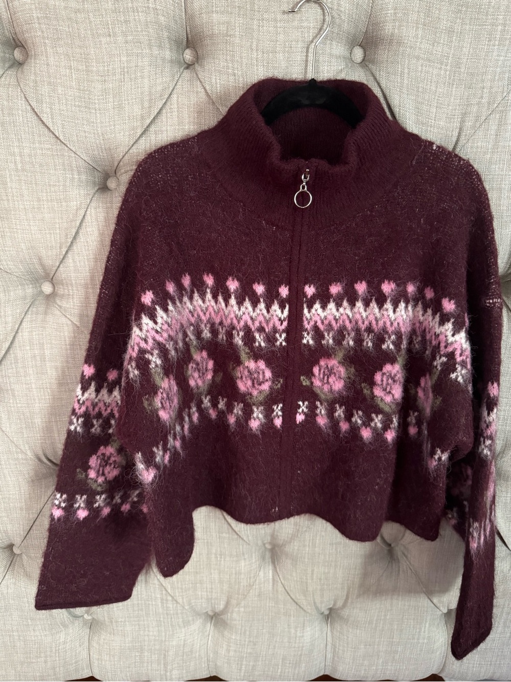 wild fable Burgundy Zip-Front Fair Isle Turtleneck Sweater with Pink Accents